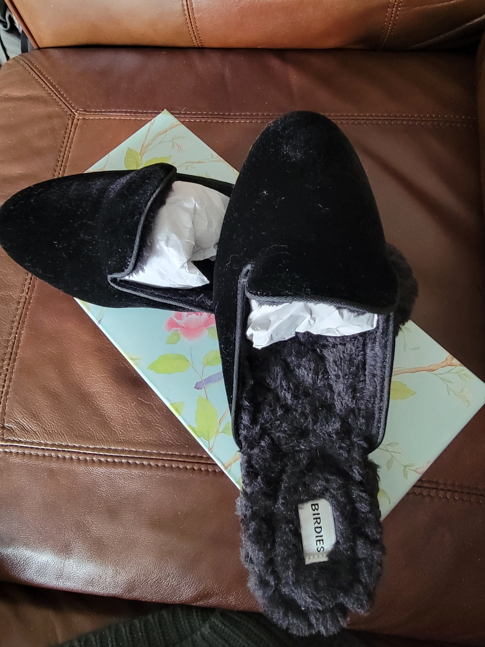 NEW IN BOX Birdies Black Faux-Fur Lined Velvet Slip-On Mules